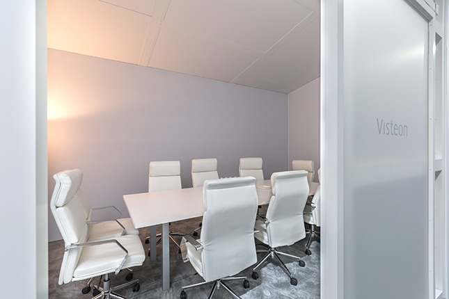 A white conference room with a white frosted glass door marked with the word Visteon and a white conference table and 8 white chairs inside.