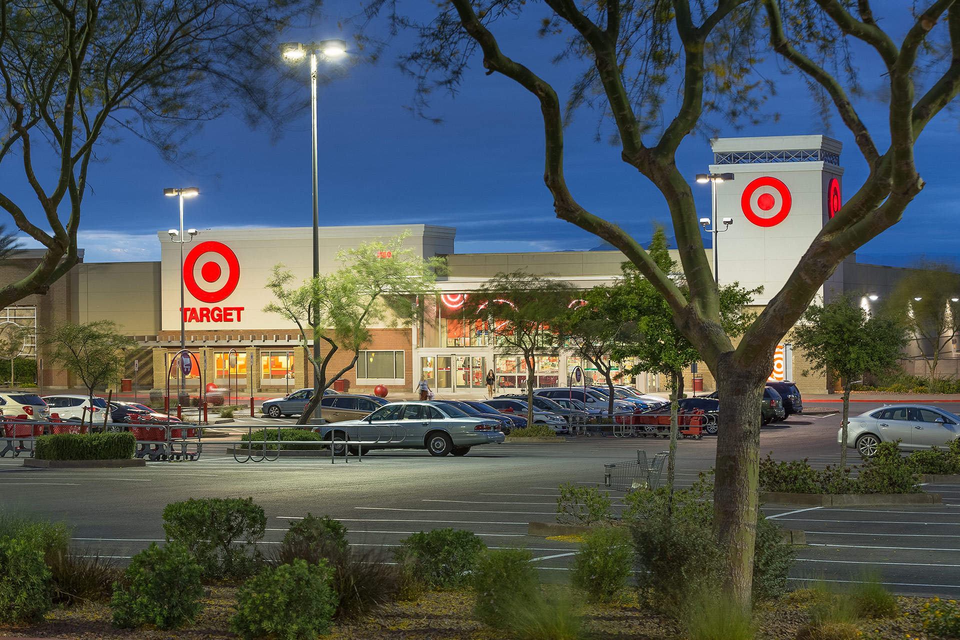 A target retail store at dusk with cars in the parking lot and a tree in the foreground.